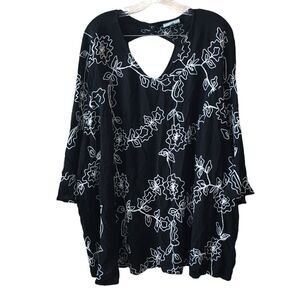 Catherines Women's Tunic Blouse Plus 4X Floral Embroidered Bell Sleeve Rayon